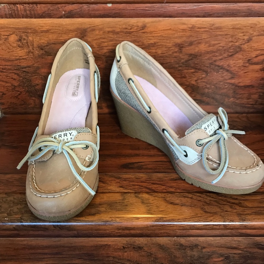 Sperry Leather Boat Shoe 3” Wedge Camel Tan Neutral Beige